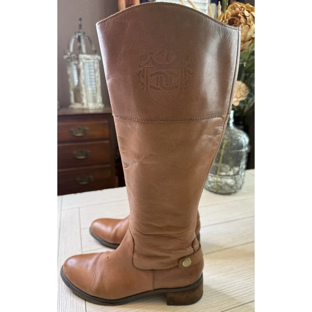 Etienne Aigner Womens Leather Tall Riding Boots Tan Sz 9 M‎ Zip Close Block Heel
